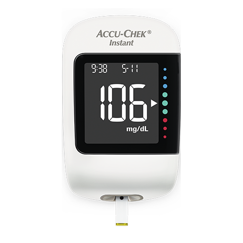 Imagem demonstrativa do medidor de glicemia Accu-Chek® Instant, concebido para pessoas com diabetes.