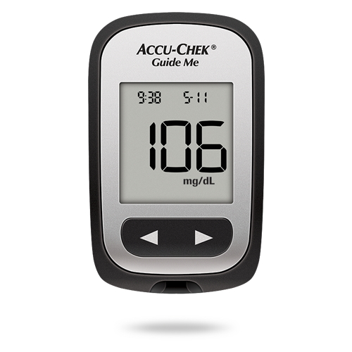 Imagem que mostra o medidor de glicemia Accu-Chek® Guide Me, concebido para pessoas com diabetes.
