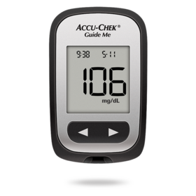 Imagem que mostra o medidor de glicemia Accu-Chek® Guide Me, concebido para pessoas com diabetes.