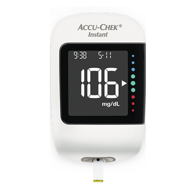 Imagem demonstrativa do medidor de glicemia Accu-Chek® Instant, concebido para pessoas com diabetes.