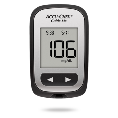 Imagem que mostra o medidor de glicemia Accu-Chek® Guide Me, concebido para pessoas com diabetes.