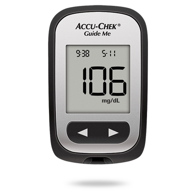 Imagem que mostra o medidor de glicemia Accu-Chek® Guide Me, concebido para pessoas com diabetes.