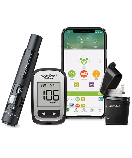 Imagem de medidor Accu-Chek® Guide Me, com FastClix, mySugr® e Tiras-Teste
